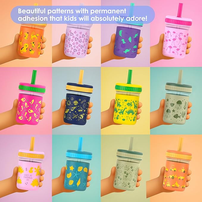 Sursip Toddler Glass Sippy Cups, Kids Baby 12 oz Spill-Proof Water Tumbler with Straw and Lids, Smoothie Snack Mason Jar For Travel School or At Home, 4 Packs BPA-Free