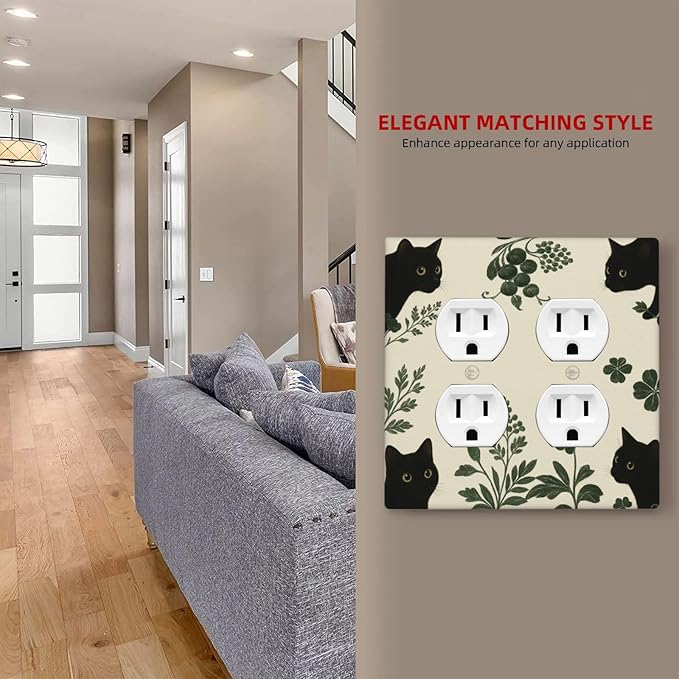 Decorative Outlet Covers Funny Black Cat Green Leaf 2 Gang Light Switch Cover Plate Double Duplex Wall Plates for Electrical Outlets Switch Plate Covers for Bedroom Home Decor