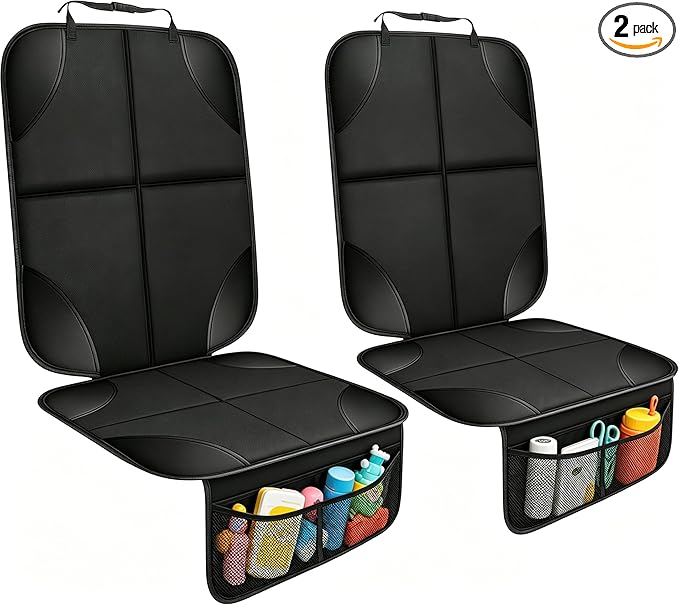 Car Seat Protector, Ponjson Auto Car Leather Seats Waterproof Thick Padding&Non-Slip Seat Cover Pad for Child Baby Safety Seat with Organizer Pockets-2 Pack Carseats for Most Cars