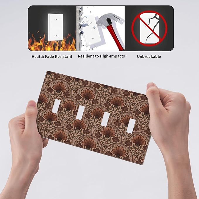 Earth Tone Floral Rustic Damask Boho Flower Light Switch Covers Quad Toggle Electrical Faceplate 4 Gang Wall Plate Decorative Switch Plates Cover for Farmhouse Home Decor