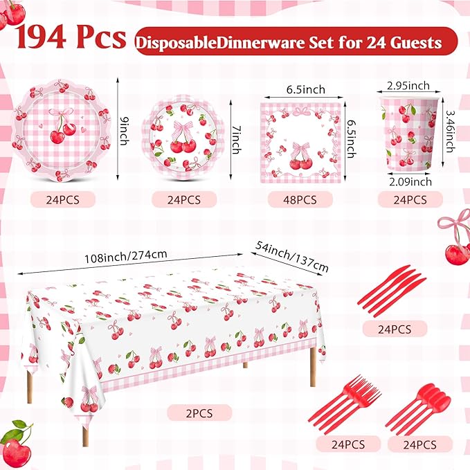 Pickmesh 194 Pcs Cherry Party Decorations for 24, Pink Cherry Bow Paper Plates and Napkins Cups Tablecloth Cutlery Coquette Gingham Tableware Set for Baby Shower Birthday Party Supplies