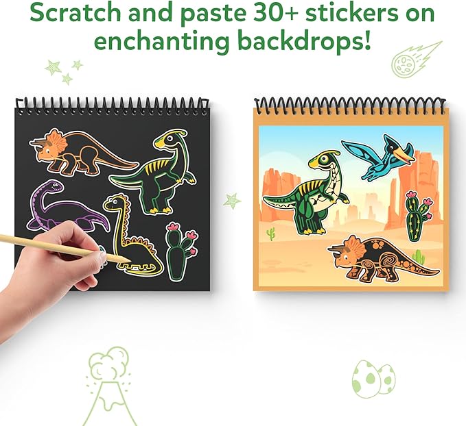 Skillmatics Scratch Art Book for Kids - Dinosaurs, Craft Kits & Supplies, 30+ Scratch Stickers, Travel Toys, DIY Kit, Gifts for Boys & Girls Ages 3, 4, 5, 6, 7, 8