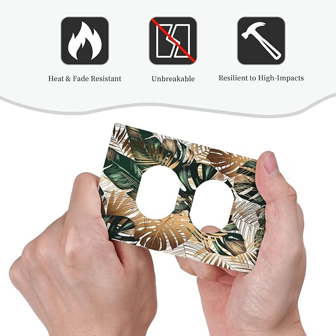 Green Tropical Leaves Gold Palm Leaf Botanical 1 Gang Outlet Plate Decorative Single Duplex Wall Plate Covers Unique Electrical Receptacle Light Switch Cover Faceplate Switchplate for Bedroom Decor