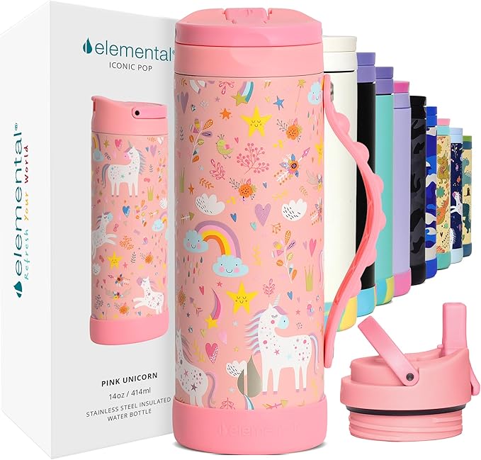 Elemental Iconic Kids Water Bottle for School - 100% Leak-Proof Insulated Water Bottles with Straw Lid & Pop-It Handle for Boys & Girls - Triple-Wall Insulated & BPA-Free, 14oz – Pink Unicorn