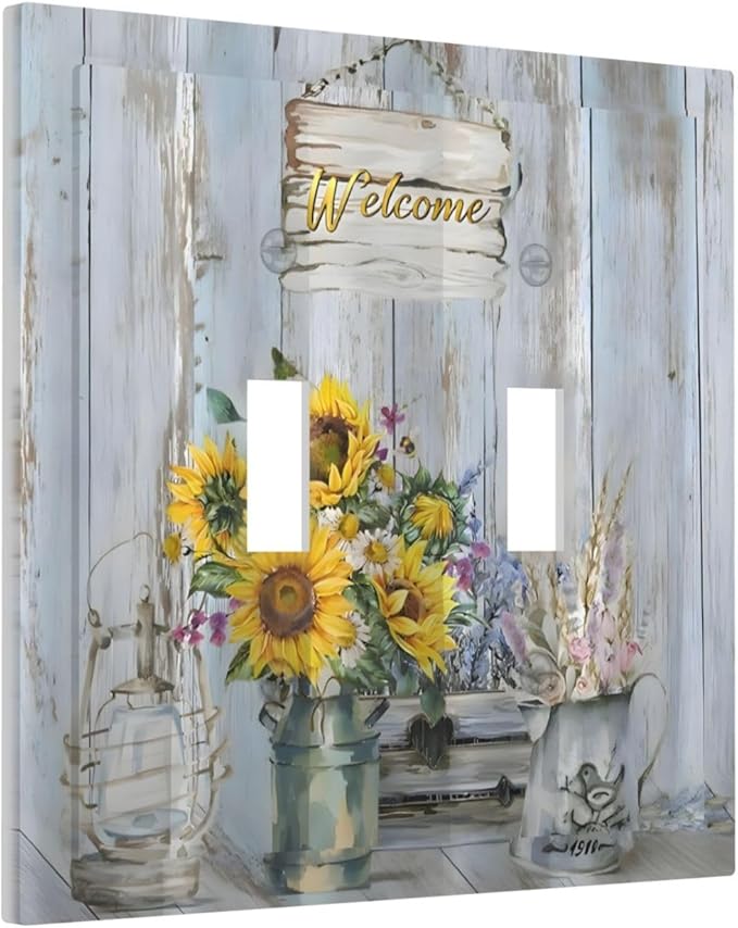 Rustic Sunflower Floral Vintage Wood Board Decorative Switch Plates 2 Gang Double Toggle Outlet Light Switch Cover Wall Plate Electrical Faceplate for Farmhouse Home Decor