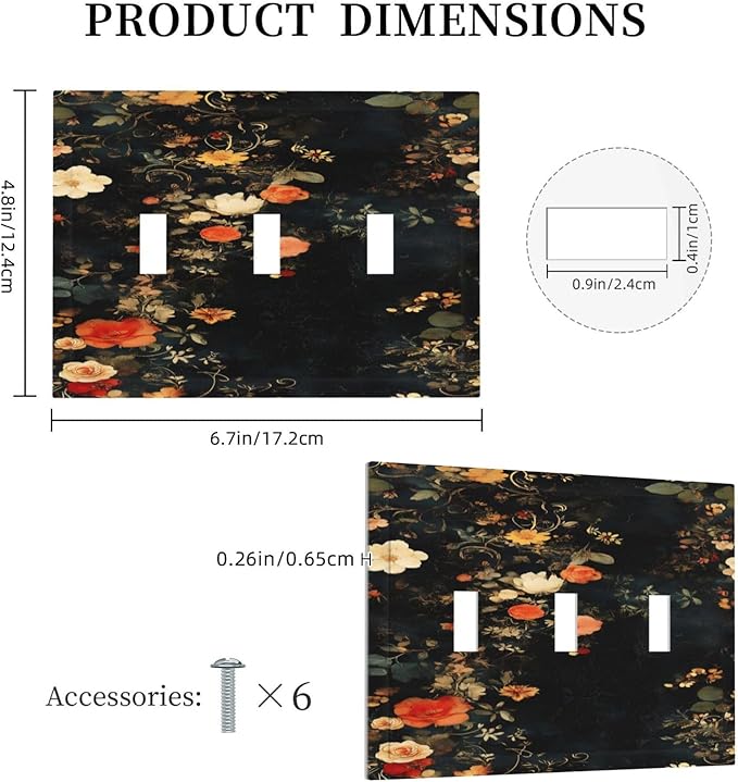 Vintage Orange Pink Black Roses Floral Flower Decorative Switch Plates 3 Gang Wall Plate Triple Toggle Light Switch Cover Faceplate Electrical Wall Panels for Farmhouse Bedroom Decor
