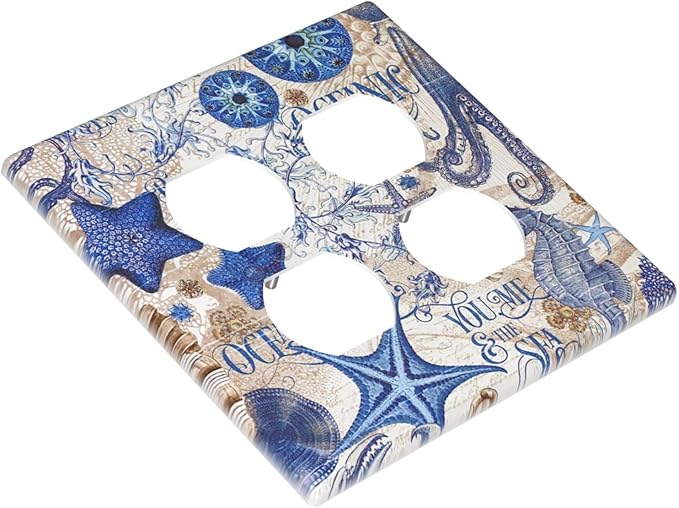 Outlet Covers Vintage Sea Blue Seahorse Starfish Octopus 2 Gang Double Duplex Decorative Light Switch Covers Electrical Wallplates Socket Faceplate For Kids Room Home Decor