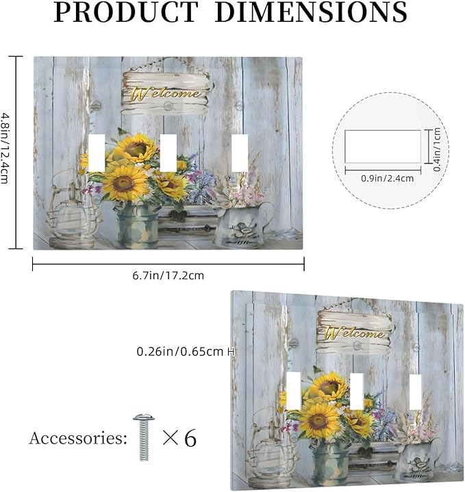 Rustic Sunflower Floral Vintage Wood Board Decorative Switch Plates 3 Gang Wall Plate Triple Toggle Light Switch Cover Faceplate Electrical Wall Panels for Farmhouse Home Decor