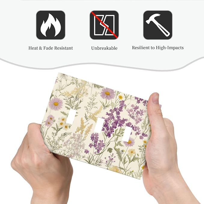 Watercolor Floral Leaves 3 Gang Light Switch Cover Small Purple Flowers Daisies Triple Toggle Wall Plate Decorative Electrical Faceplate for Country Bedroom Kitchen Living Room Home Decor