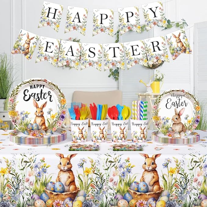 AIBIIN Easter Party Supplies, Happy Easter Party Tableware Set, Happy Easter Banner, Bunny Paper Plates Napkins Cups for Easter Spring Party Decorations