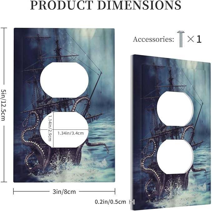 Octopus Ocean Kraken Nautical Pirate Ship 1 Gang Outlet Plate Decorative Single Duplex Wall Plate Covers Unique Electrical Receptacle Light Switch Cover Art Faceplate Switchplate for Bathroom Decor