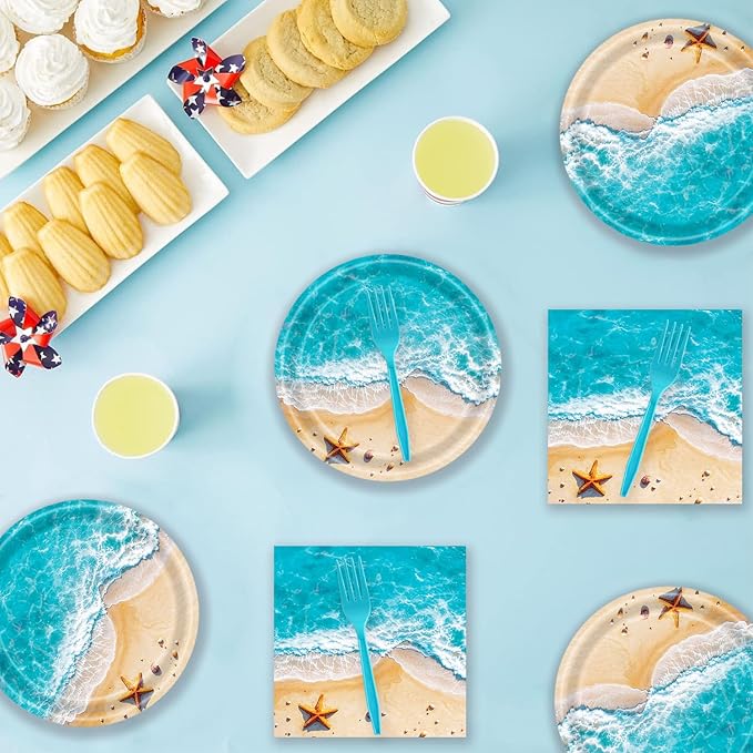 72 Pcs Ocean Waves Paper Plates Disposable Beach Party Birthday Dessert Plates Napkins Forks Tableware Set Summer Pool Party Decoration Supplies for Baby Shower Blue Ocean Hawaiian Birthday, Serve 24