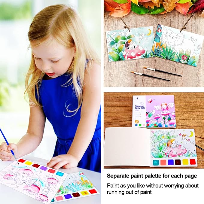 JUNQIU Watercolor Coloring Books for Kids Ages 4-8, Pocket Watercolor Painting Book for Toddlers, Arts and Crafts for Girls Gifts, Stocking Stuffers For Kids
