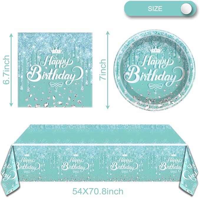 Teal and Silver Tableware set, Blue Happy Birthday Theme 20 Plates and 20 Napkins and Tablecloths 71 '' x 42 '' for Girls Women Silver Glitter Birthday Party Supplies