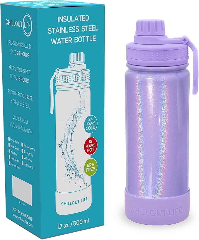CHILLOUT LIFE 17 oz Kids Insulated Water Bottle for School with Leakproof Spout Lid and Cute Waterproof Stickers, Personalized Stainless Steel Thermos Flask Metal Water Bottle for Girls & Boys