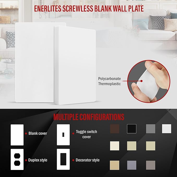ENERLITES SI8801-W-5PCS, Screwless Blank Wall Plate, Child Safe Blank Device Outlet Cover, Standard Size, 1-Gang 4.68" x 2.93", Polycarbonate Thermoplastic, UL Listed, Glossy, White, 5 pack