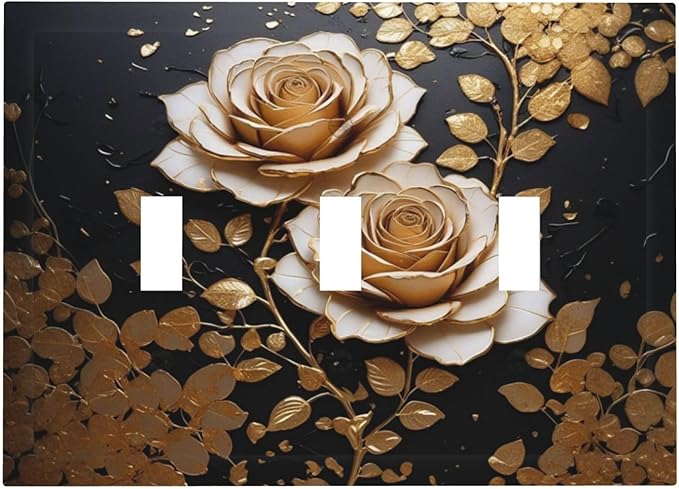 Decorative Light Switch Plate Covers Big Golden White Roses Glod Leaves Black Background 3 Gang Wall Plate Switch Cover Plate Triple Toggle Jumbo Electrical Faceplate for Home Decor