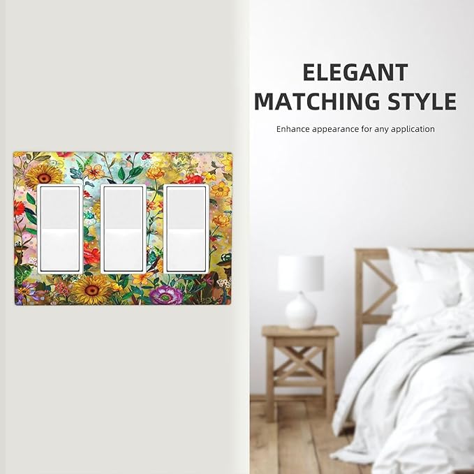 Fall Colorful Sunflower Floral 3 Gang Wall Plate Triple Rocker Light Switch Cover Decorative Switch Plates Outlet Covers Electrical GFCI Faceplate for Bedroom Bathroom Kitchen Art Decor Accessories
