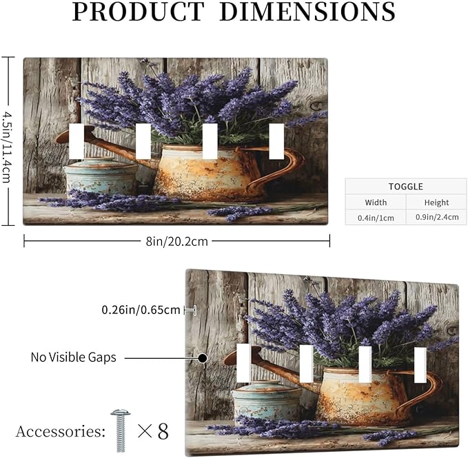Rustic Flowers Lavender Purple Floral Oil Painting Light Switch Covers Quad Toggle Electrical Faceplate 4 Gang Wall Plate Decorative Switch Plates Cover for Farmhouse Bedroom Decor