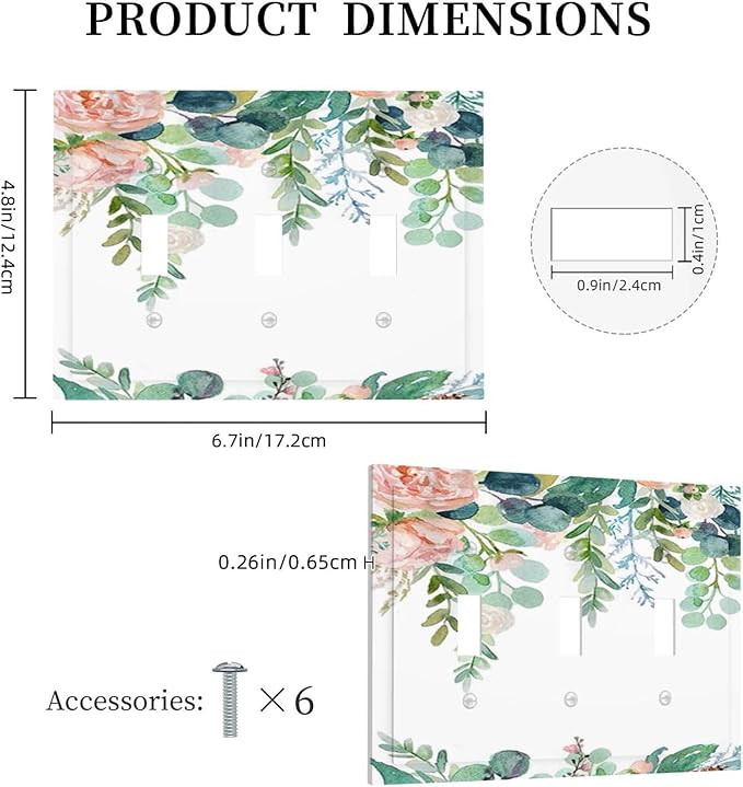 Green Eucalyptus Leaves Floral Watercolor Flower Decorative Switch Plates 3 Gang Wall Plate Triple Toggle Light Switch Cover Faceplate Electrical Wall Panels for Bed Room Living Room Decor