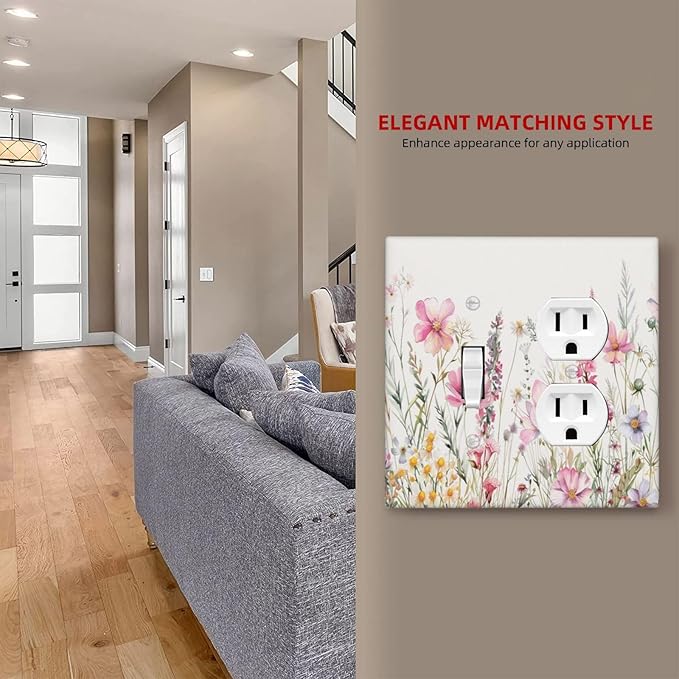 Pink Floral Wild Flowers Watercolor Plants Wallplates 1 Toggle 1 Duplex Switch Plate Electrical GFCI Faceplate Decorative Light Switch Covers for Bedroom Living Room Decor