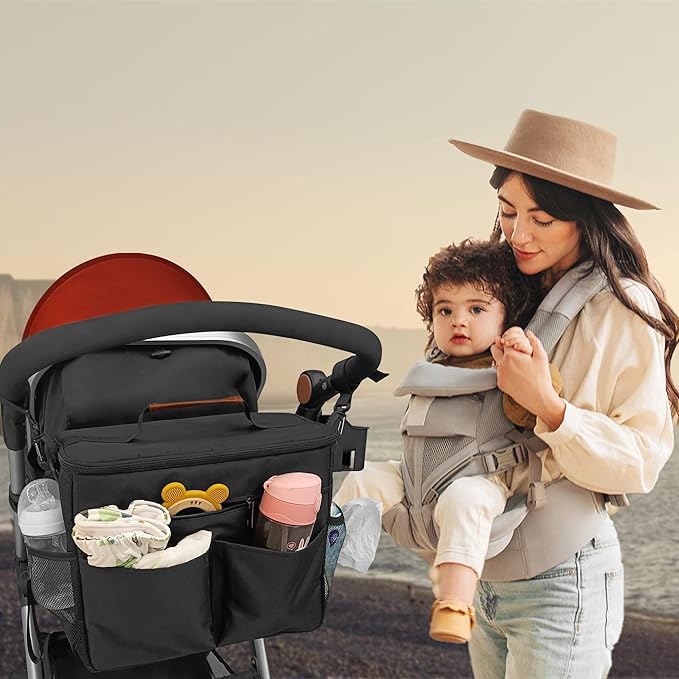 Miracle Maby Stroller Organizer Bag for Mom, Baby Trolley Bag - Compatible with Any Stroller - Multifunctional Large Capacity（Black-12L）