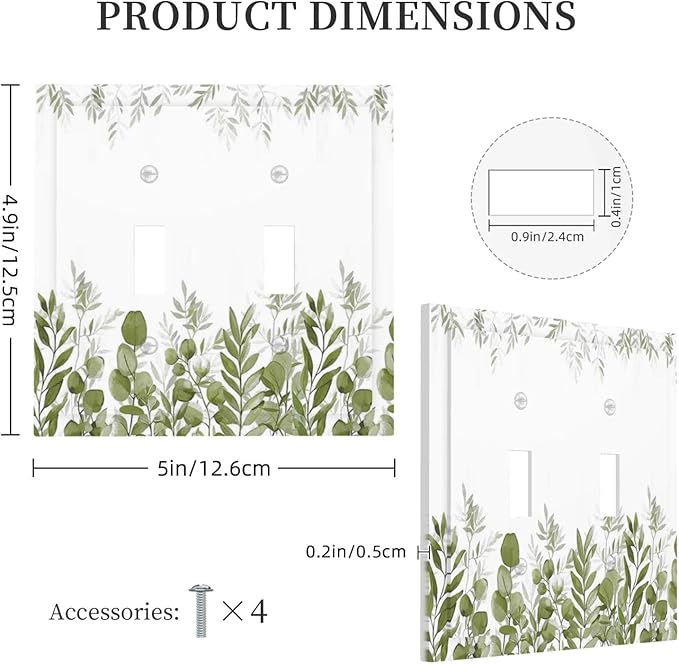 Green Eucalyptus Plant Leaves Vine Decorative Switch Plates 2 Gang Double Toggle Outlet Light Switch Cover Wall Plate Electrical Faceplate for Bed Room Living Room Decor