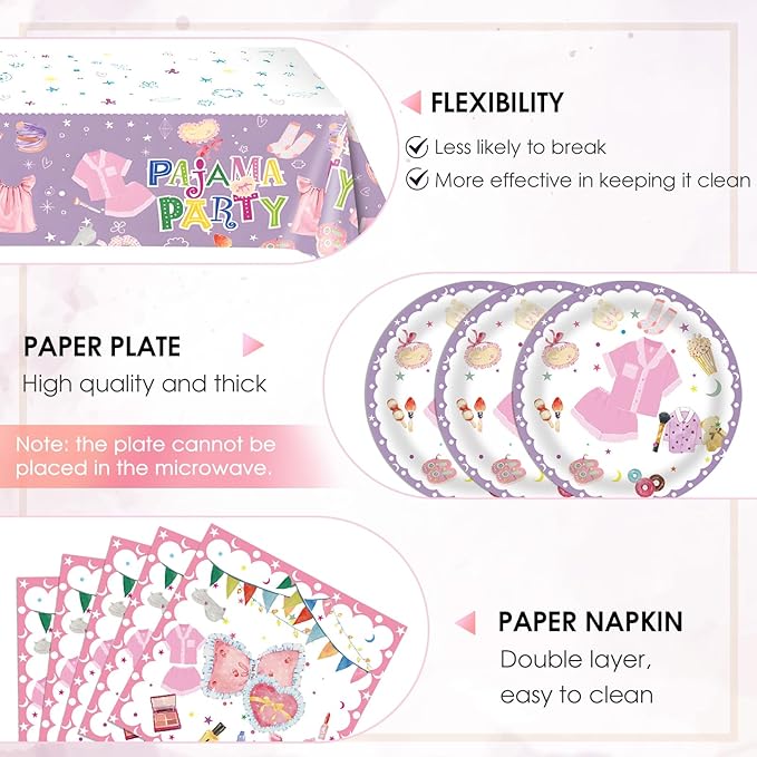 41Pcs Pajama Party Decorations Tableware Set Sleepover Party Supplies For Girls Include Pajama Plates Napkins Tablecloth丨Girls Slumber Party Spa Party Bachelorette Party Birthday Party Decor,Serve 20