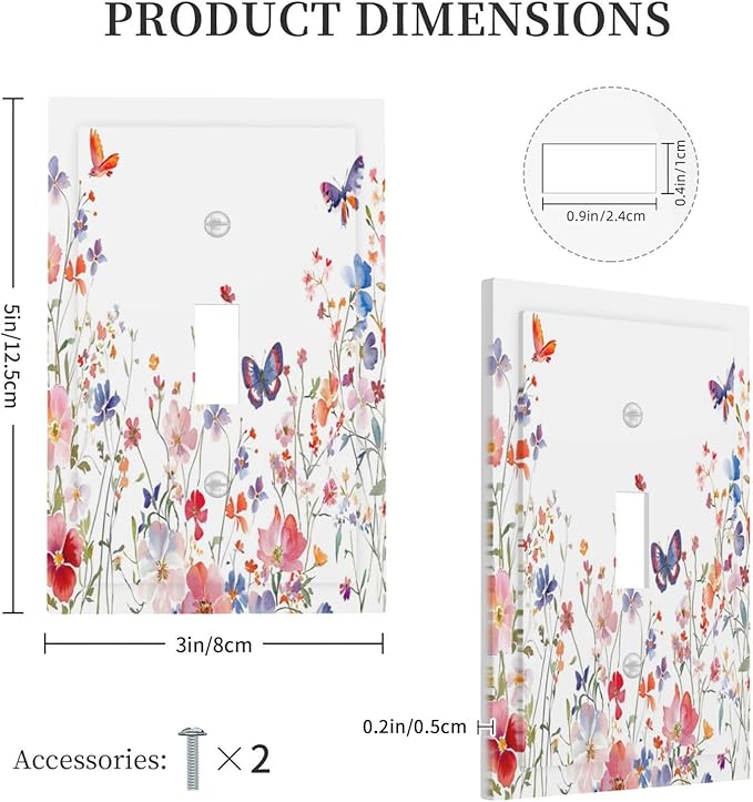 Colorful Flower Watercolor Floral Butterfly Bird Decorative Light Switch Cover 1 Gang Single Toggle Device Electrical Faceplate Switchplates Decorator Outlet Wall Plate for Bedroom Living Room Decor