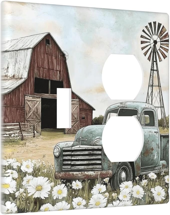 Retro Trucks Old Barn Windmill Teal Car Rustic Wallplates 1 Toggle 1 Duplex Switch Plate Electrical GFCI Faceplate Decorative Light Switch Covers for Farmhouse Home Decor