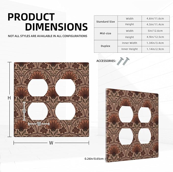 Earth Tone Floral Rustic Damask Boho Flower Outlet Covers 2 Gang Double Duplex Decorative Light Switch Covers Electrical Wallplates Socket Faceplate for Farmhouse Home Decor