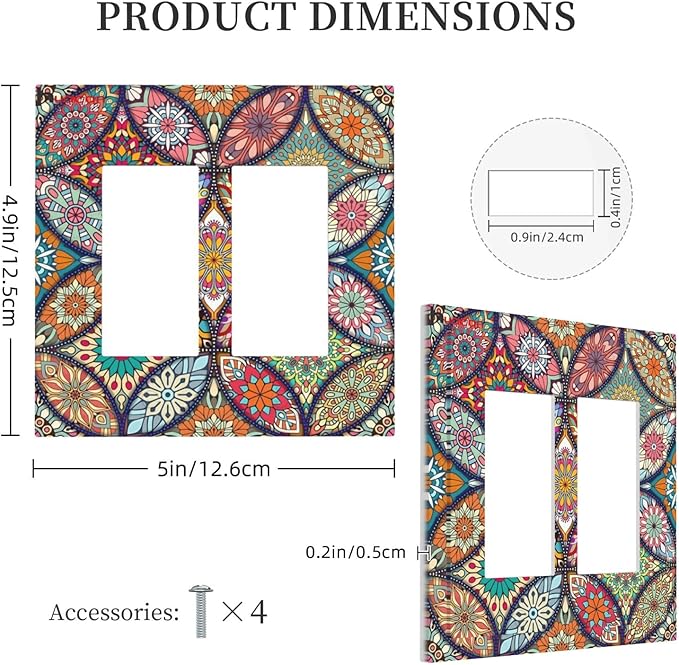 Boho Floral Pretty Colorful Mandala Flowers Decorative Outlet Covers 2 Gang Double GFCI Rocker Electrical Wall Panels Light Switch Cover Plate for Bedroom Living Room Decor