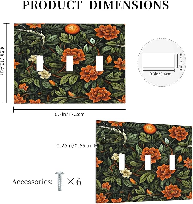 Light Switch Cover Plate William Morris Orange Flowers Rustic Leaves Floral 3 Gang Triple Toggle Decorative Switch Plates Wall Plates Electrical Switchplate Faceplate for Bathroom Bedroom