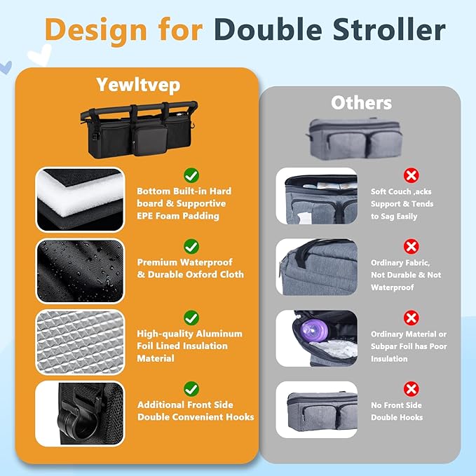 Double Stroller Organizer for Bob Duallie and Baby Jogger City Mini GT2, Double Baby Stroller Accessories with 2 Cooler Pockets, Parent Console Double Jogging Stroller Caddy with Zipper Bag(Bag Only)