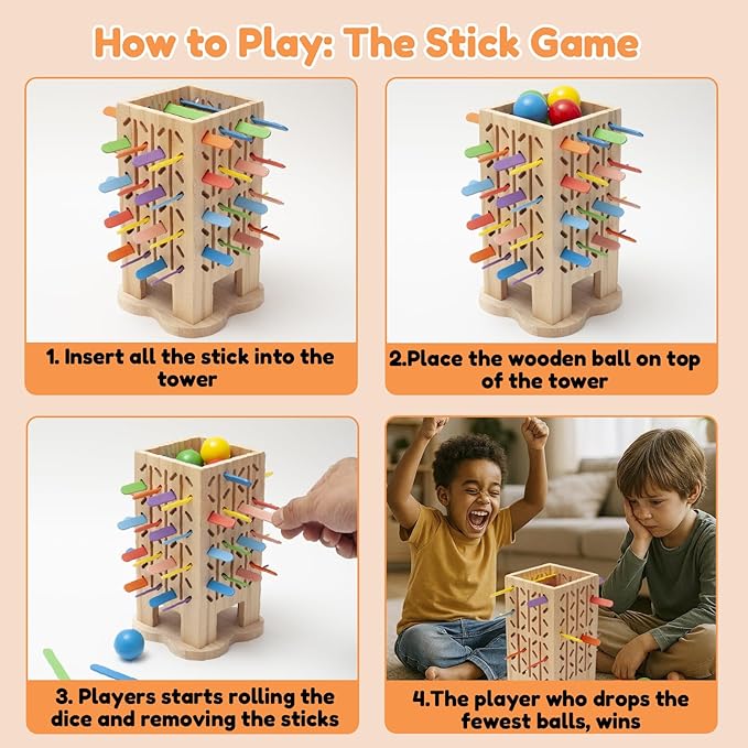 Montessori Toys Wooden Board Games for Kids 4-6, 5-in-1 Fine Motor Skills Educational Games for 3 4 5 6 Year Olds, Colorful Wooden Stick Game with Dice, Family Travel Games for Boys Girls