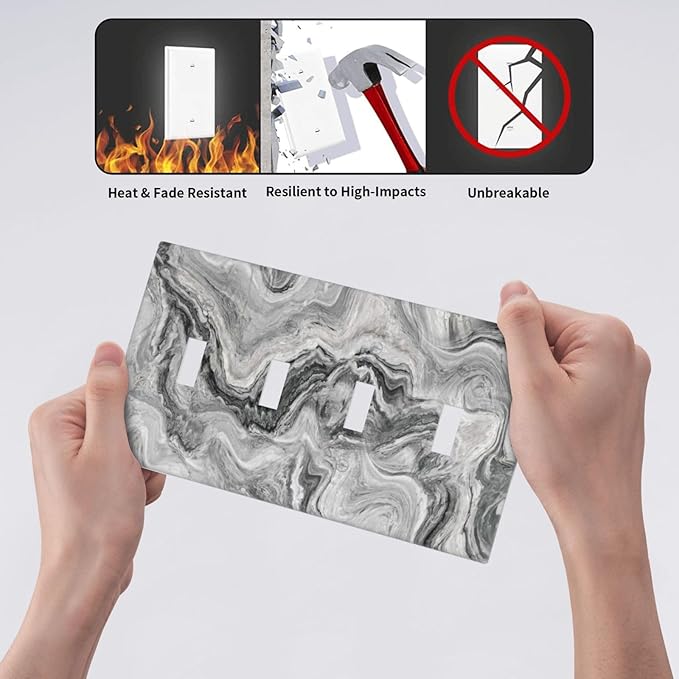 Beautiful Grey Marble Texture Simple Abstract Print Light Switch Covers Quad Toggle Electrical Faceplate 4 Gang Wall Plate Decorative Switch Plates for Bathroom Kitchen Decor