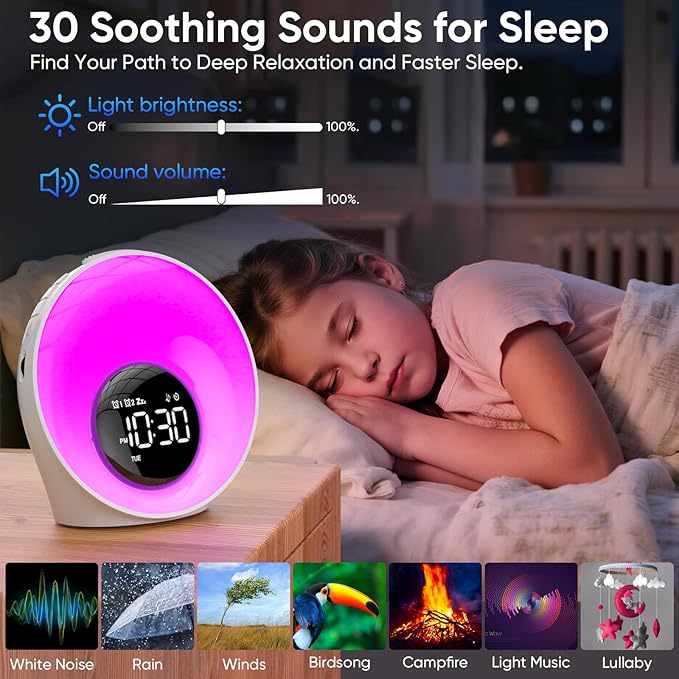 AFEXOA Wake Up Light Sunrise Alarm Clock - Sunrise Simulation & White Noise Machine with 30 Soothing Sounds, 14 Color Dimmable Night Light, Digital Dual Alarms for Heavy Sleepers/Adults/Kids(White)