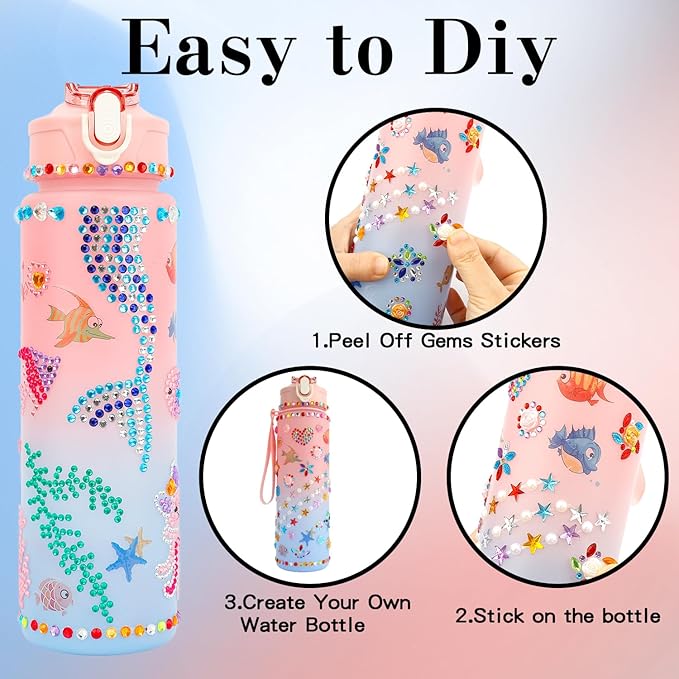 Gifts for Girls 4-12, Decorate Your Own Water Bottle Kits for Kids Age 4-6-8-10, Pink Easter Birthday Gifts for 5 6 7 8 9 10 Year Old Kid, Mermaid Water Bottle Fun DIY Art and Craft Gift Toys for Girl