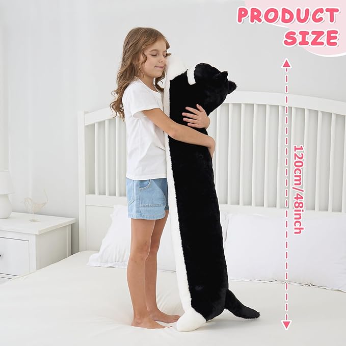 48inch Giant Cat Stuffed Animal Pillow, Cute Big Jumbo Black Cat Body Pillow Plush Toy, Large Cat Soft Fluffy Kitty Plushies Gift for Kids Boys Girls & Adult, Birthday