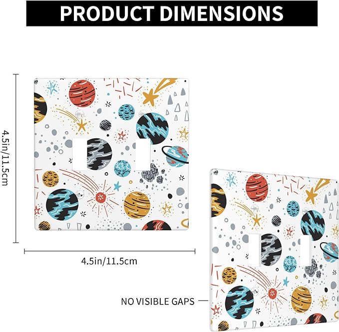 Space Planets Stars 2-Gang Double Toggle Light Switch Plate, Cartoon Space Wall Plate for Home, Office, Kids Room & Playroom