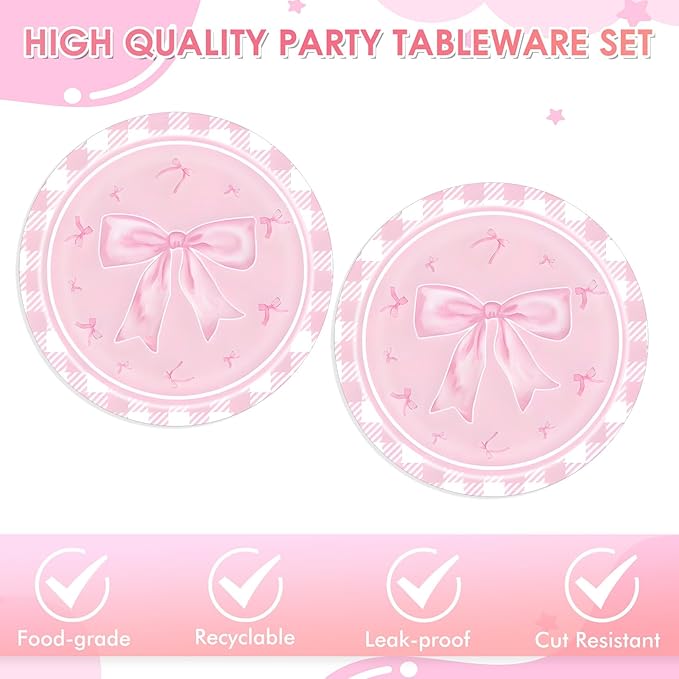 40pcs Pink Bow Party Supplies Bow Birthday Party Plates and Napkins Pink Bow Party Decorations for Girls Bachelorette Party Bride Engagement Decoration Baby Shower Coquette Cute Supplies