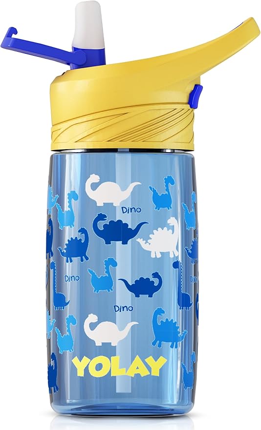 YOLAY 15oz Kids Water Bottle For School Boys and Girls, Durable Toddler Water Bottle with Straw Lid Leak-Proof, Spill Proof, Easy Clean and Dishwasher Safe with Re-Usable and BPA Free - Dino
