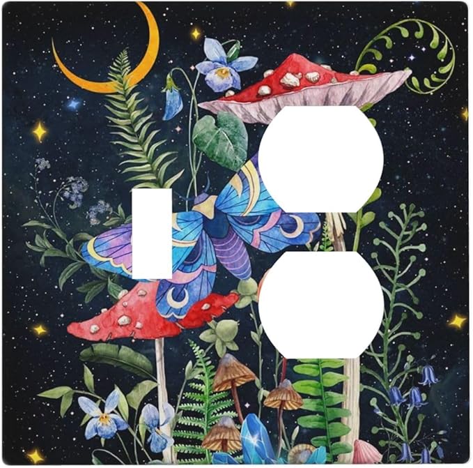 Decorative Fariy Tale Mushroom 2-Gang 1-Toggle 1-Duplex Combination Receptacle Wall Plate Boho Gothic Moth Hippie Moon Stars Butterfly Combo Device Toggle/Outlet Light Switch Faceplate Cover