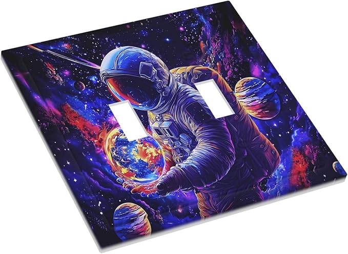 Astronaut Space Cool Galaxy Planet Decorative Switch Plates 2 Gang Double Toggle Outlet Light Switch Cover Wall Plate Electrical Faceplate for Kids Room Nursery Decor