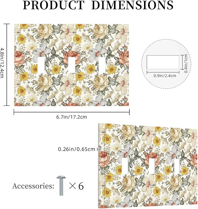 Multicolor Peony Daisy Vintage Floral Flower Decorative Switch Plates 3 Gang Wall Plate Triple Toggle Light Switch Cover Faceplate Electrical Wall Panels for Bedroom Living Room Decor