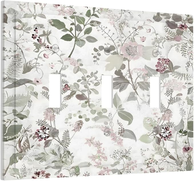 Boho Floral Leaf Vintage Watercolor Flower Decorative Switch Plates 3 Gang Wall Plate Triple Toggle Light Switch Cover Faceplate Electrical Wall Panels for Farmhouse Bedroom Decor