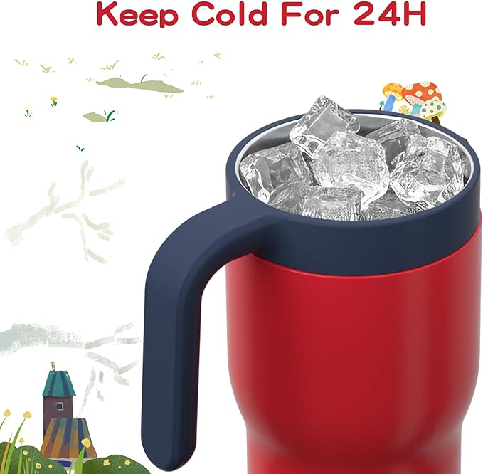 OISIZ 14oz Kids Tumbler with Straw Lid & Handle,Kids Cup with Animal Accessory for School,Kids Water Bottles with Dust-proof Cover,Leakproof Water Bottles,316 Stainless Steel,Keep Cold 24 Hours-red