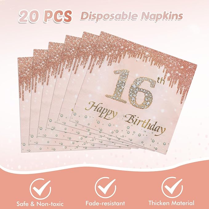 41Pcs 16th Birthday Party Decorations for Girls, Rose Gold Birthday Supplies Include 20 Plates 20 Napkins and 1 Pcs Tablecloth, Sweet Sixteen Year Old Birthday Party Tableware for Girls Kids Children