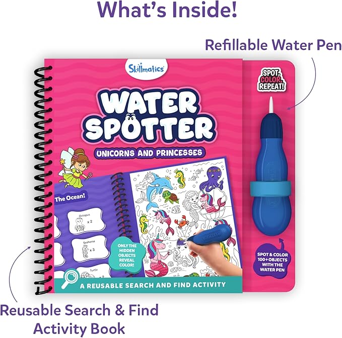 Skillmatics Reusable Search & Find Book – Water Spotter, Mess-Free, Fun Learning Activity, Unicorns & Princesses, Travel Toy, Gifts for Kids Ages 4, 5, 6, 7, 8