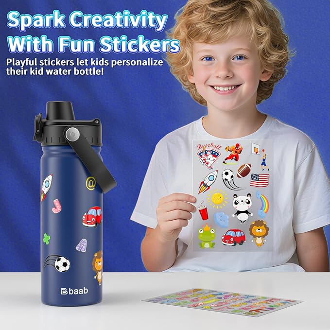 baab 18oz Kids Water Bottle, Insulated Kids Water Bottle with Lockable Spout Lid & Stickers, 18/8 Stainless Steel Vacuum Leakproof Kid Water Cup with Handle for Boy Girl & School (Navy Blue, 1 Pack)